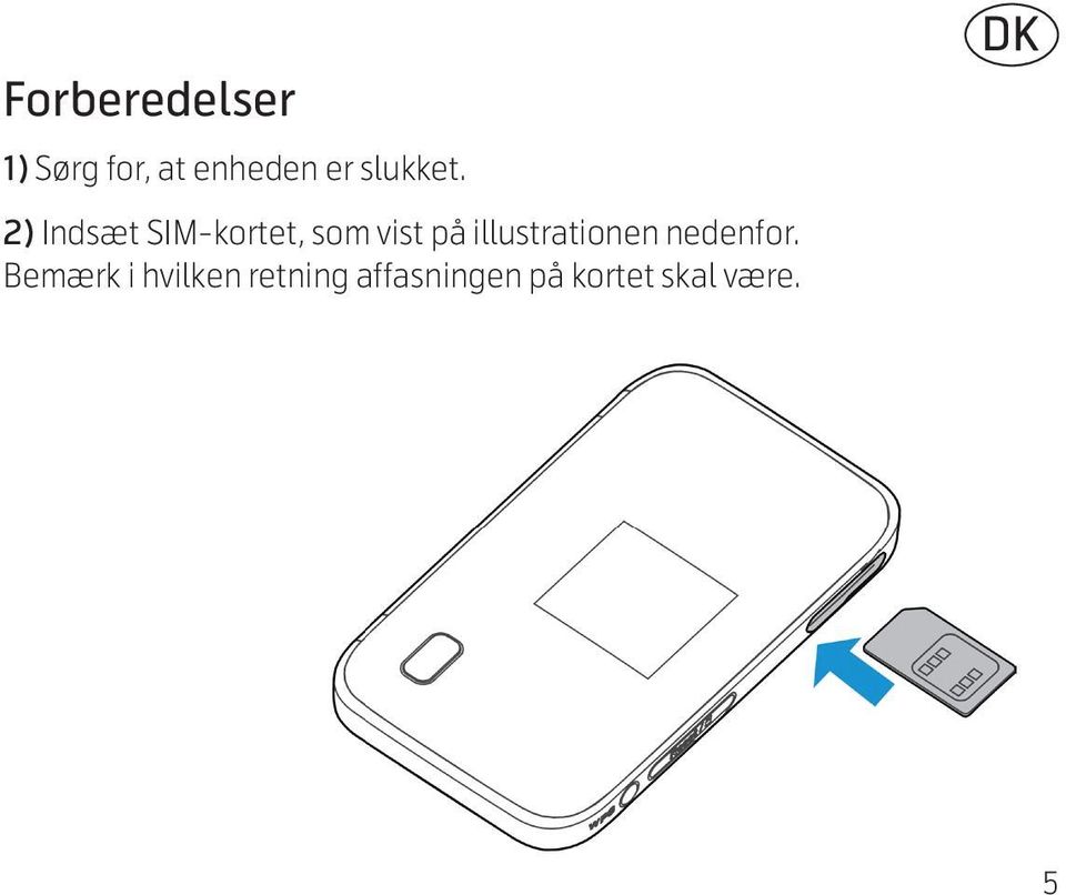 2) Indsæt SIM-kortet, som vist på