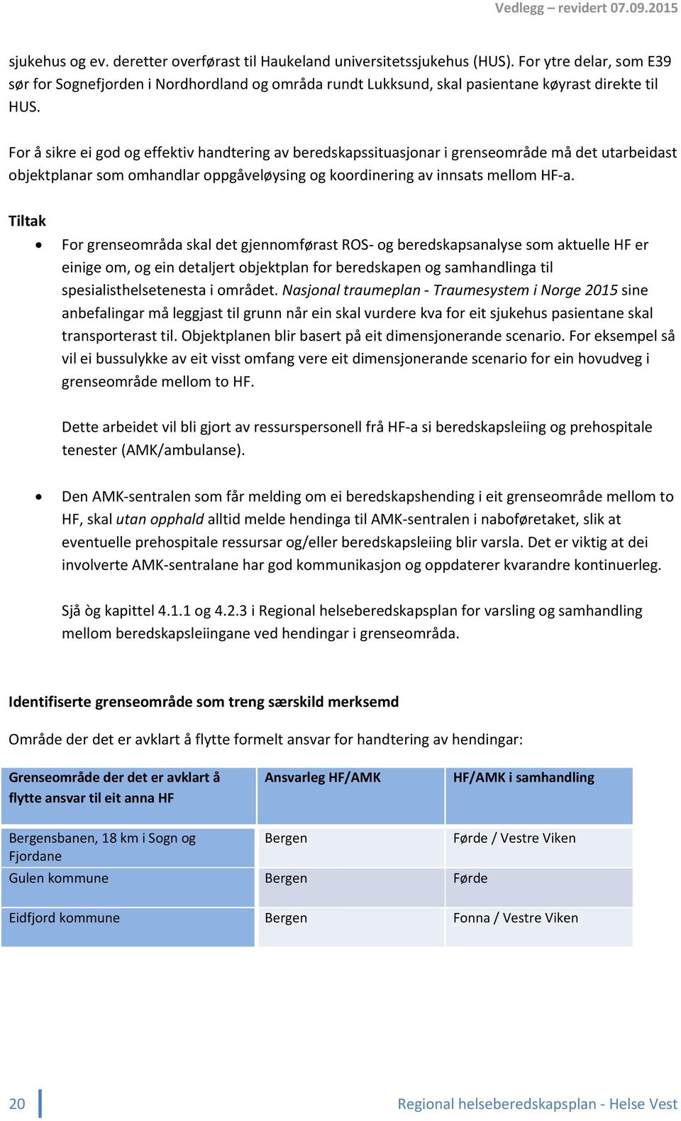 For å sikre ei god og effektiv handtering av beredskapssituasjonar i grenseområde må det utarbeidast objektplanar som omhandlar oppgåveløysing og koordinering av innsats mellom HF a.