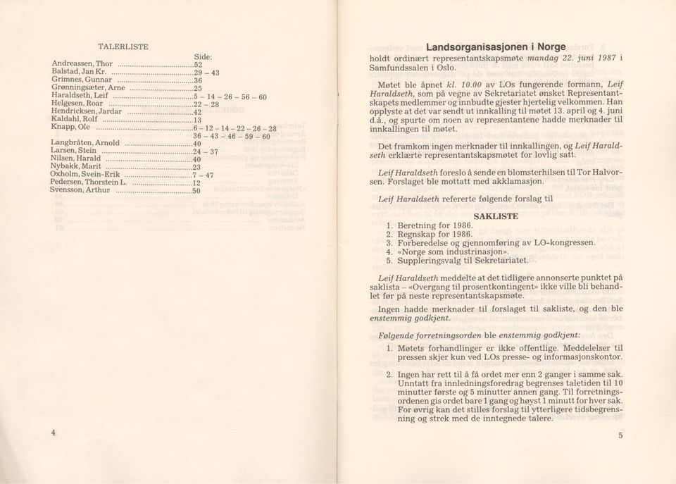 .. 7-47 Pedersen, Tborstein L... 12 Svensson, Artbur...50 Landsorganisasjonen I Norge holdt ordinært representantskapsmøte mandag 22. juni 1987 i Samfundssalen i Oslo. Møtet ble åpnet kl. 10.