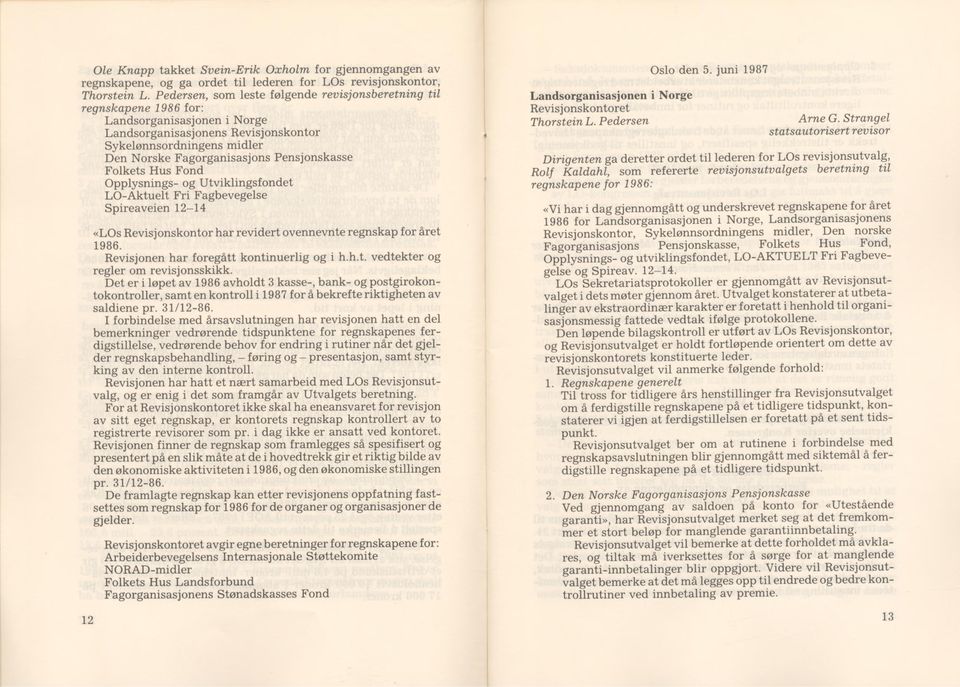 Pensjonskasse Folkets Hus Fond Opplysnings- og Utviklingsfondet LO-Aktuelt Fri Fagbevegelse Spireaveien 12-14 12 «LOs Revisjonskontor har revidert ovennevnte regnskap for året 1986.