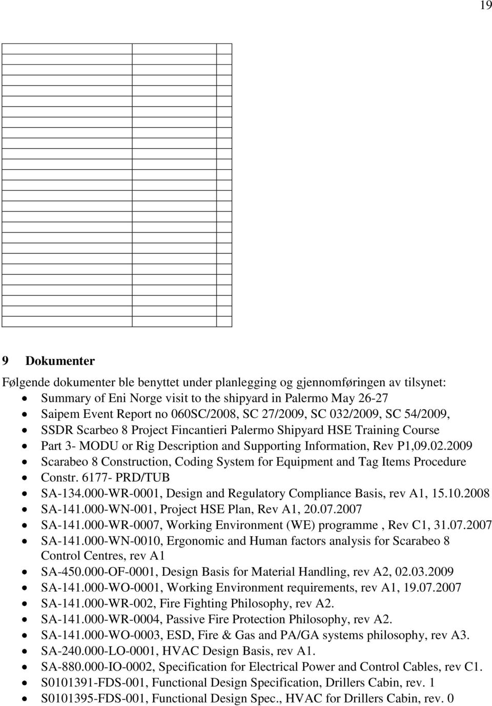 2009 Scarabeo 8 Construction, Coding System for Equipment and Tag Items Procedure Constr. 6177- PRD/TUB SA-134.000-WR-0001, Design and Regulatory Compliance Basis, rev A1, 15.10.2008 SA-141.