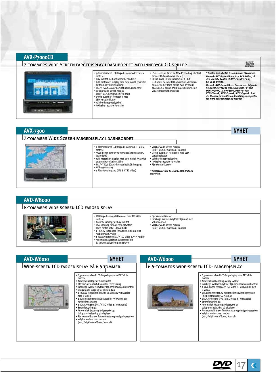 LED-varselindikator Valgbar knappebelysning Inklusive separate høyttaler IP-buss inn/ut (styrt av AVM-P7000R og tilkoblet Pioneer IP-buss hovedenheter) Ekstra slank CD-mekanisme med 1-bit