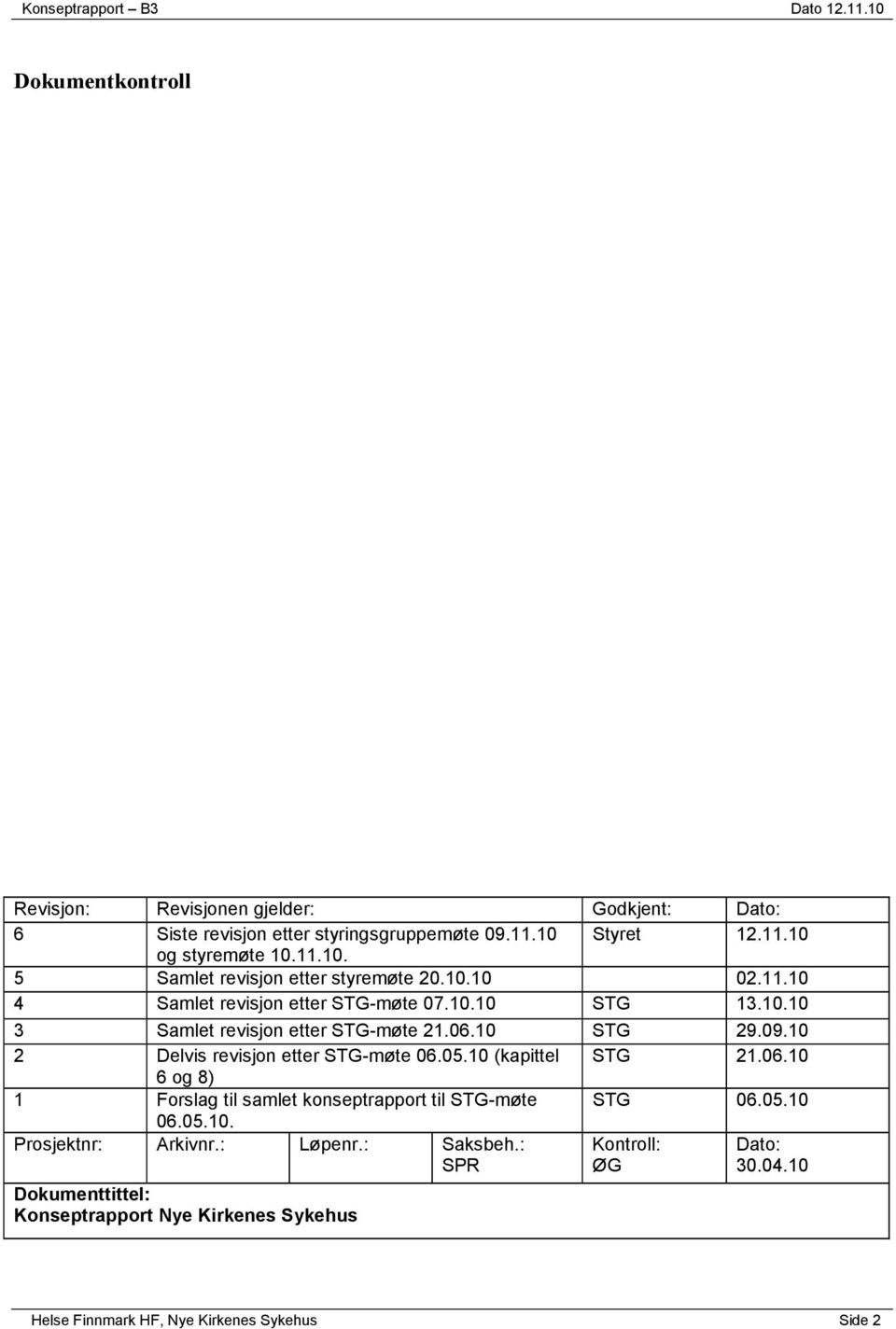 10 2 Delvis revisjon etter STG-møte 06.05.10 (kapittel STG 21.06.10 6 og 8) 1 Forslag til samlet konseptrapport til STG-møte STG 06.05.10 06.05.10. Prosjektnr: Arkivnr.