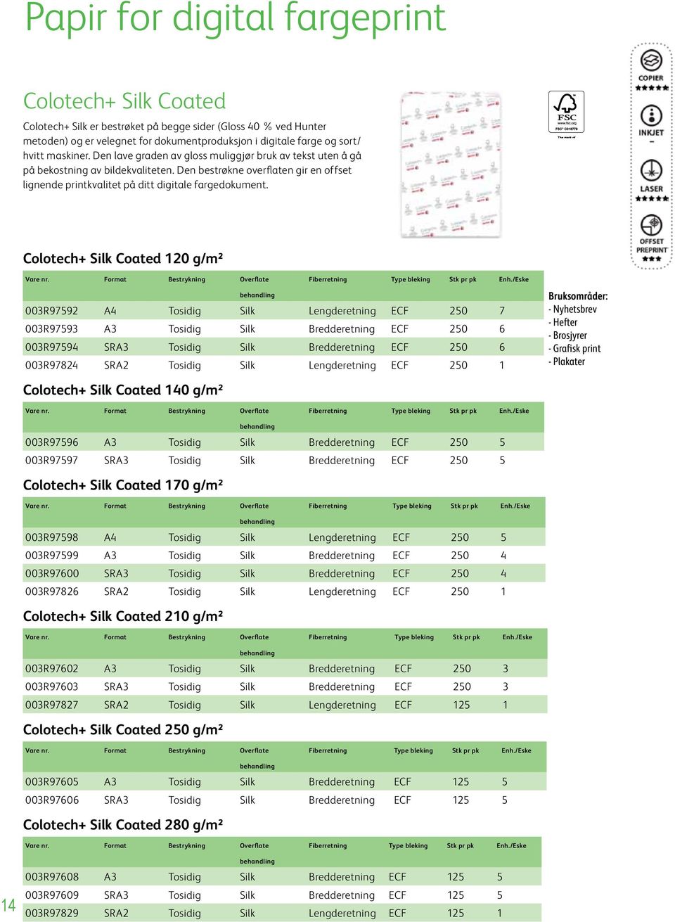 Colotech+ Silk Coated 120 g/m² Vare nr. Format Bestrykning Overflate Fiberretning Type bleking Stk pr pk Enh.