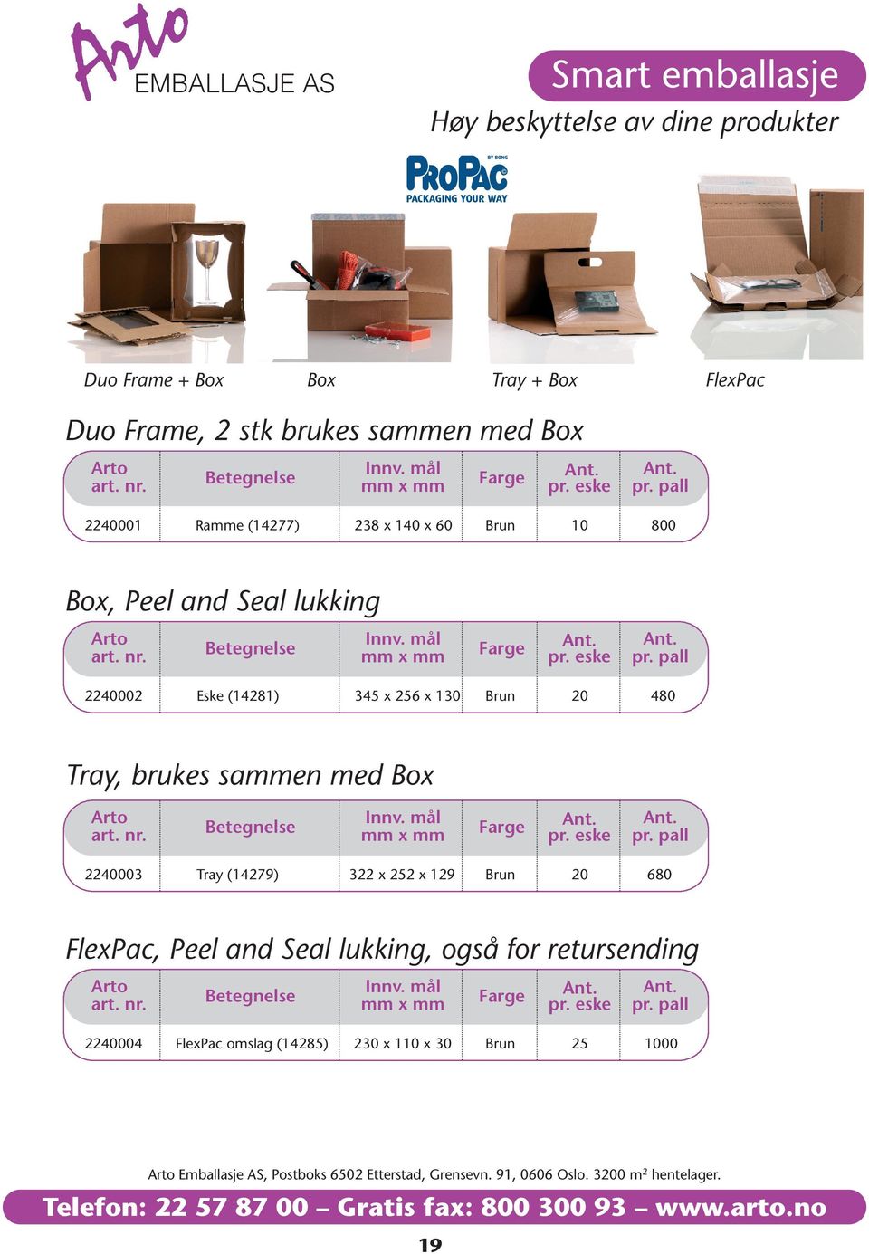 mål Farge Ant. Ant. art. nr. mm x mm pr. eske pr. pall 2240003 Tray (14279) 322 x 252 x 129 Brun 20 680 FlexPac, Peel and Seal lukking, også for retursending Arto Innv.