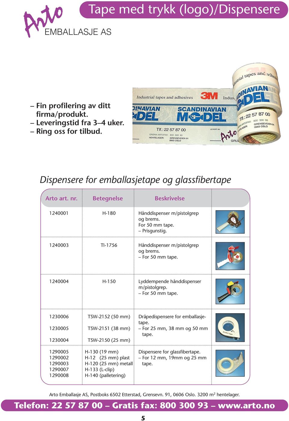 1240003 TI-1756 Hånddispenser m/pistolgrep og brems. For 50 mm tape. 1240004 H-150 Lyddempende hånddispenser m/pistolgrep. For 50 mm tape. 1230006 TSW-2152 (50 mm) Dråpedispensere for emballasjetape.