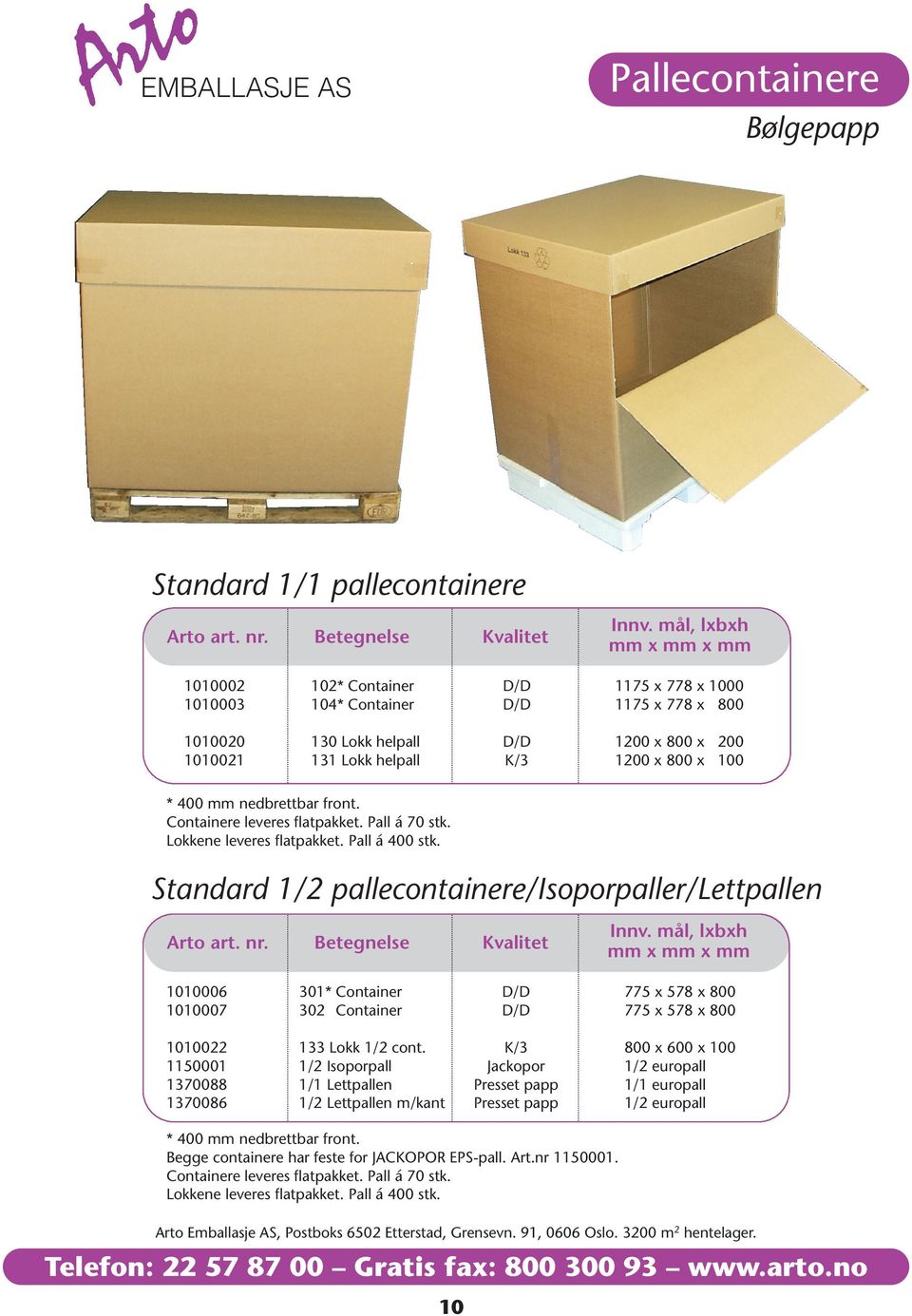 x 100 * 400 mm nedbrettbar front. Containere leveres flatpakket. Pall á 70 stk. Lokkene leveres flatpakket. Pall á 400 stk.