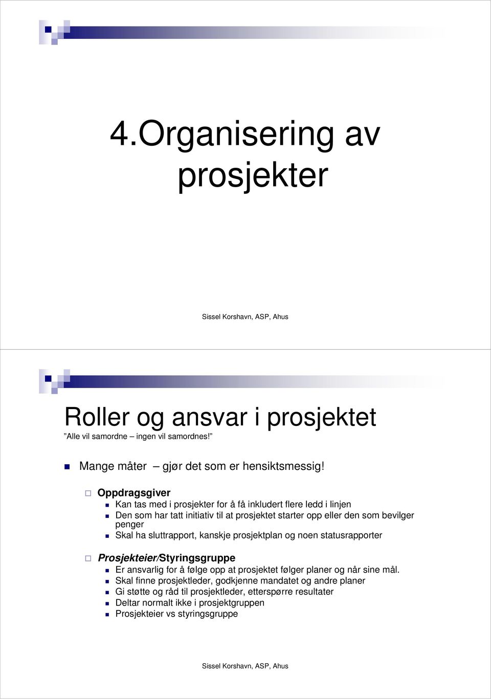 Skal ha sluttrapport, kanskje prosjektplan og noen statusrapporter Prosjekteier/Styringsgruppe Er ansvarlig for å følge opp at prosjektet følger planer og når sine