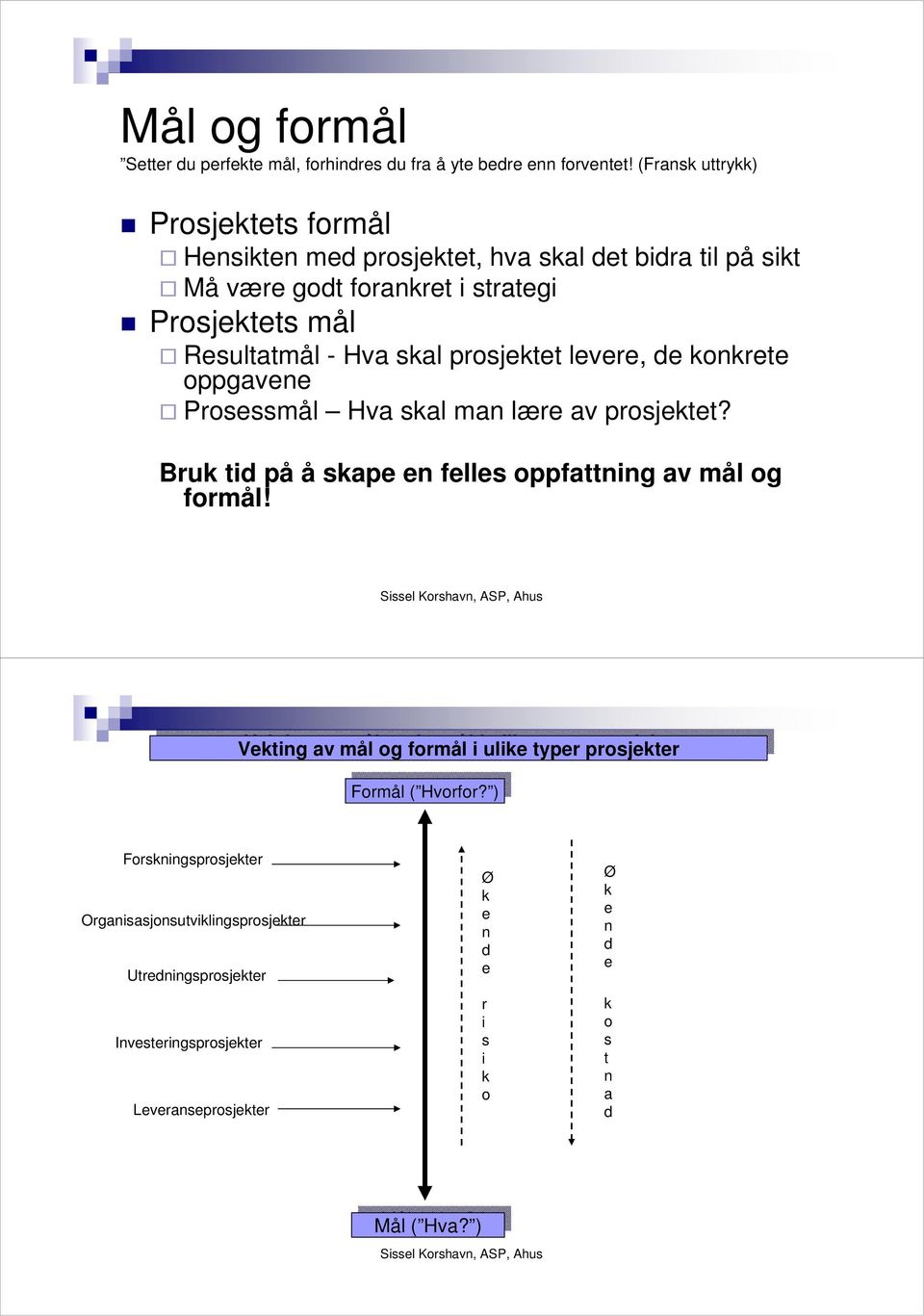 levere, de konkrete oppgavene Prosessmål Hva skal man lære av prosjektet? Bruk tid på å skape en felles oppfattning av mål og formål!