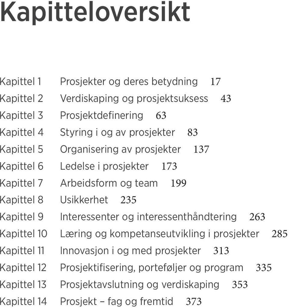 Usikkerhet 235 Kapittel 9 Interessenter og interessenthåndtering 263 Kapittel 10 Læring og kompetanseutvikling i prosjekter 285 Kapittel 11 Innovasjon i og