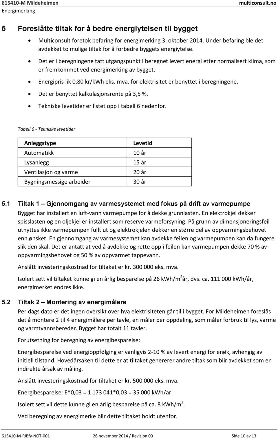 Det er i beregningene tatt utgangspunkt i beregnet levert energi etter normalisert klima, som er fremkommet ved energimerking av bygget. Energipris lik 0,80 kr/h eks. mva.