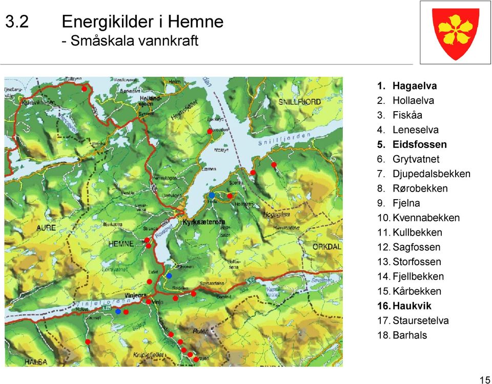 Rørobekken 9. Fjelna 10. Kvennabekken 11. Kullbekken 12. Sagfossen 13.