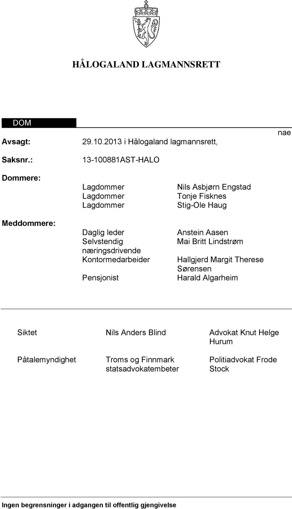 næringsdrivende Kontormedarbeider Pensjonist Nils Asbjørn Engstad Tonje Fisknes Stig-Ole Haug Anstein Aasen Mai Britt Lindstrøm