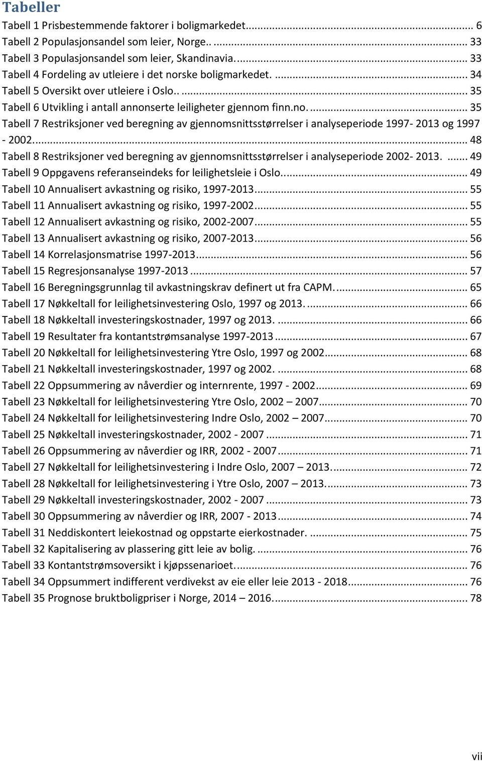 ... 48 Tabell 8 Restriksjoner ved beregning av gjennomsnittsstørrelser i analyseperiode 2002-2013.... 49 Tabell 9 Oppgavens referanseindeks for leilighetsleie i Oslo.