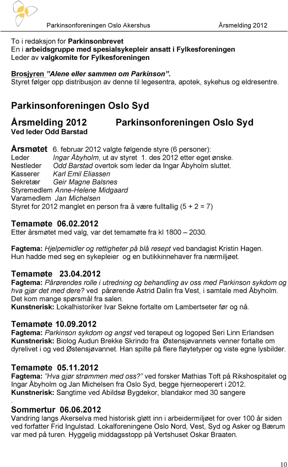 februar 2012 valgte følgende styre (6 personer): Leder Ingar Åbyholm, ut av styret 1. des 2012 etter eget ønske. Nestleder Odd Barstad overtok som leder da Ingar Åbyholm sluttet.