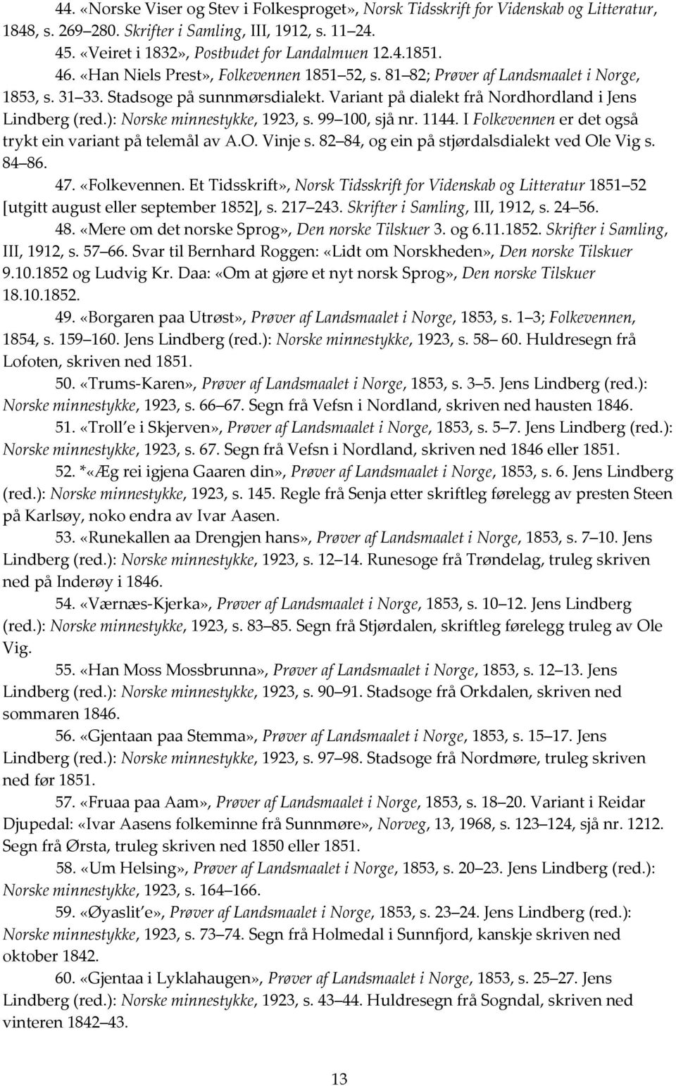 ): Norske minnestykke, 1923, s. 99 100, sjå nr. 1144. I Folkevennen er det også trykt ein variant på telemål av A.O. Vinje s. 82 84, og ein på stjørdalsdialekt ved Ole Vig s. 84 86. 47. «Folkevennen.