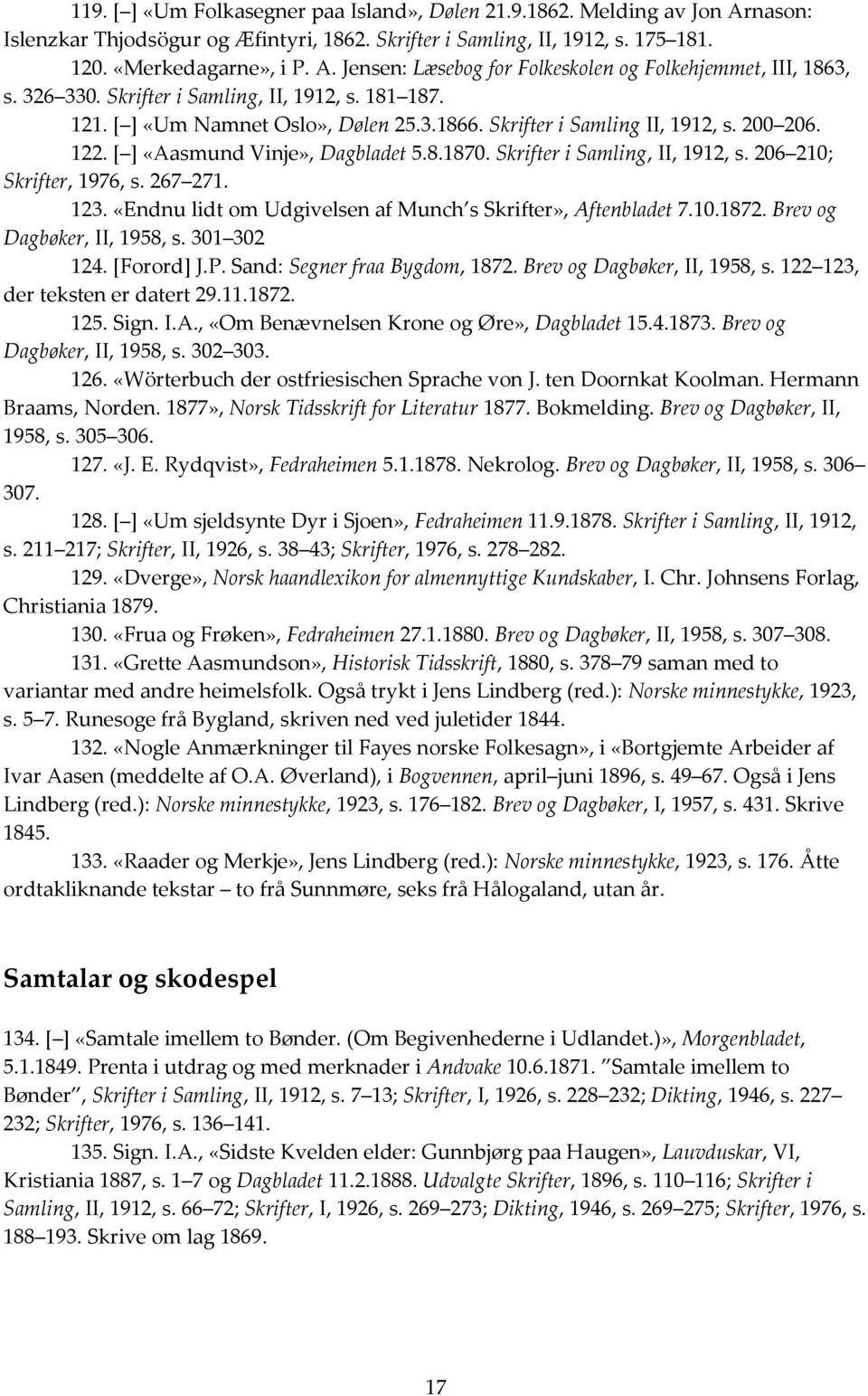 Skrifter i Samling, II, 1912, s. 206 210; Skrifter, 1976, s. 267 271. 123. «Endnu lidt om Udgivelsen af Munch s Skrifter», Aftenbladet 7.10.1872. Brev og Dagbøker, II, 1958, s. 301 302 124.