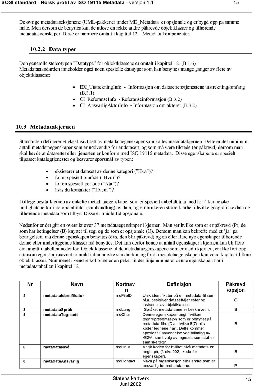 etadata komponenter. 10.2.2 Data typer Den generelle stereotypen Datatype for objektklassene er omtalt i kapittel 12. (B.1.6).