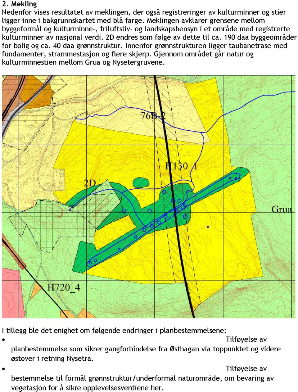 190 daa byggeområder for bolig og ca. 40 daa grønnstruktur. Innenfor grønnstrukturen ligger taubanetrase med fundamenter, strammestasjon og flere skjerp.