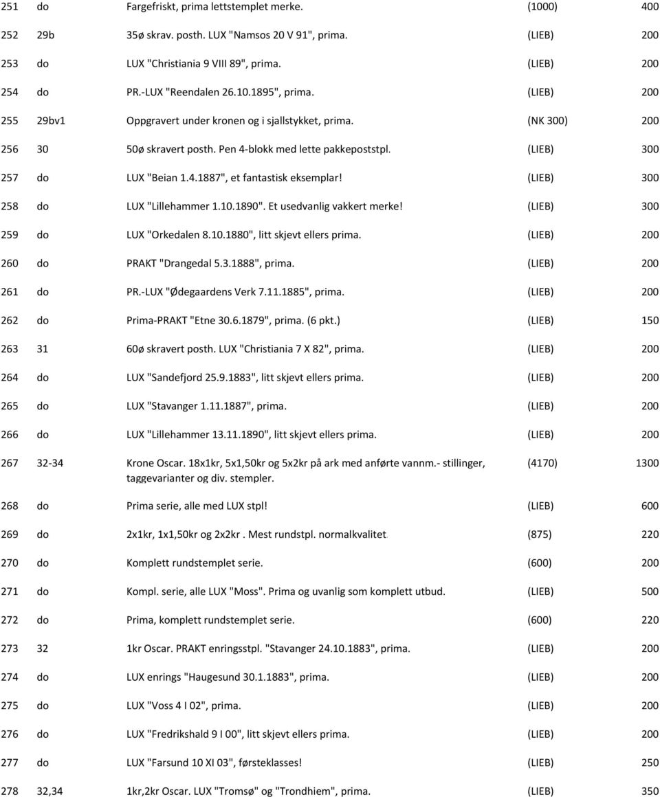 (LIEB) 258 do LUX "Lillehammer 1.10.1890". Et usedvanlig vakkert merke! (LIEB) 259 do LUX "Orkedalen 8.10.1880", litt skjevt ellers prima. (LIEB) 200 260 do PRAKT "Drangedal 5.3.1888", prima.