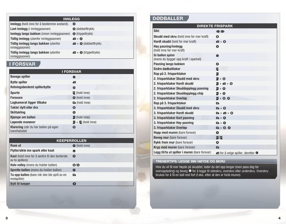 (dobbelttrykk) innleggssonen) Tidlig innlegg langs bakken (utenfor _ + X (trippeltrykk) innleggssonen) I forsvar Bevege spiller Bytte spiller Retningsbestemt spillerbytte Spurte Forsvare Lagkamerat