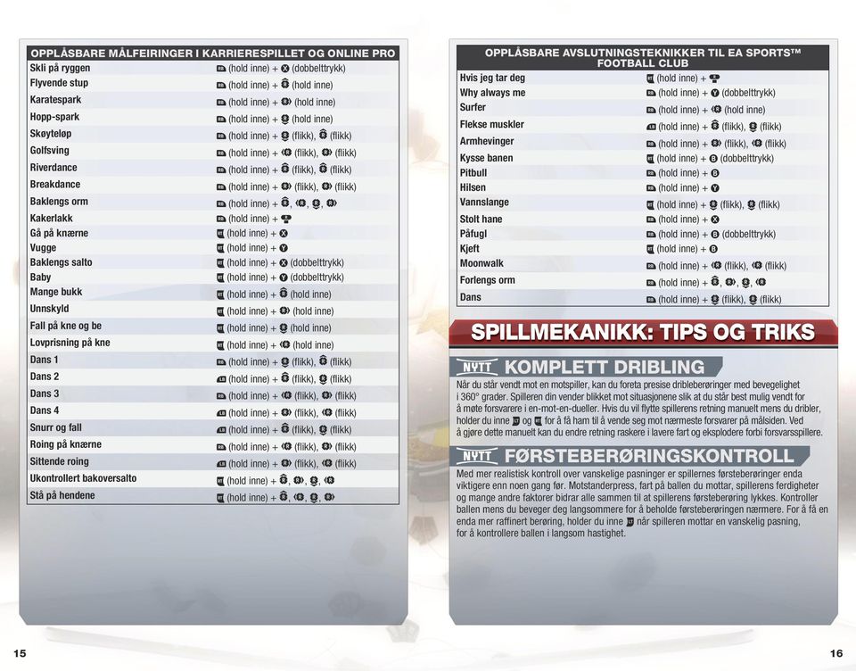 (hold inne) + F (flikk), F (flikk) Baklengs orm z (hold inne) + D, J, H, F Kakerlakk z (hold inne) + i Gå på knærne x (hold inne) + X Vugge x (hold inne) + Y Baklengs salto x (hold inne) + X