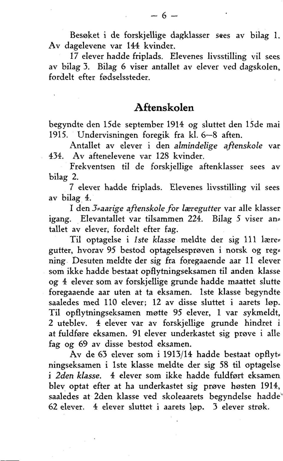 Antallet av elever i den almindelige aftenskole var 434. Av aftenelevene var 128 kvinder. Frekventsen til de forskjellige aftenklasser sees av bilag 2. 7 elever hadde friplads.