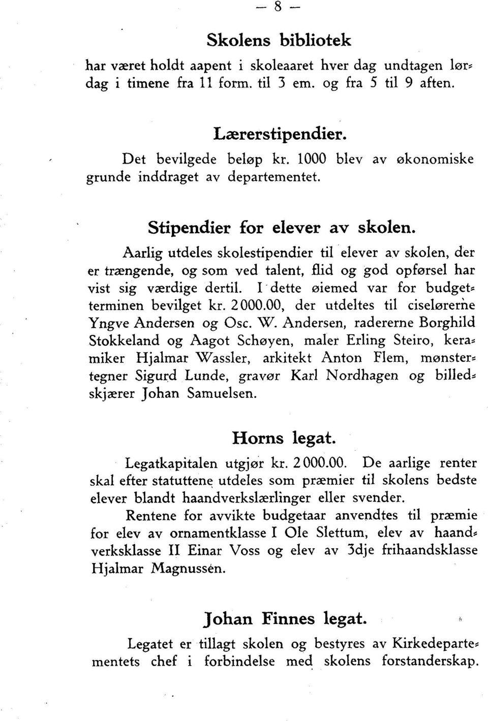 Aarlig utdeles skolestipendier til elever av skolen, der er trængende, og som ved talent, flid og god opførsel har vist sig værdige dertil. I dette øiemed var for budget, terminen bevilget kr. 2 000.