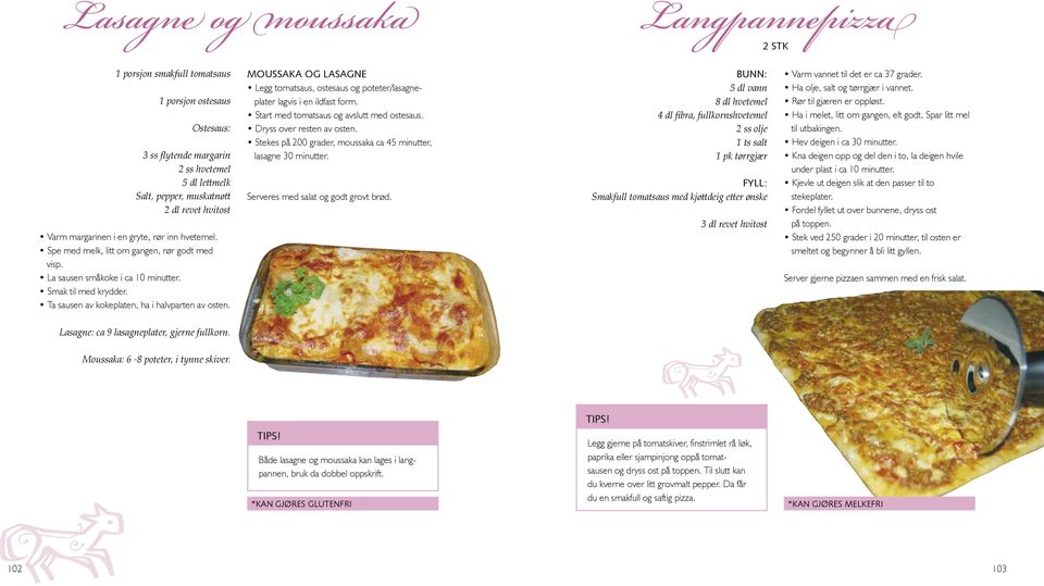 Moussaka og lasagne Legg tomatsaus, ostesaus og poteter/lasagneplater lagvis i en ildfast form. Start med tomatsaus og avslutt med ostesaus. Dryss over resten av osten.