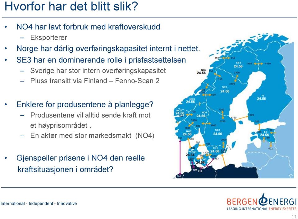 SE3 har en dominerende rolle i prisfastsettelsen Sverige har stor intern overføringskapasitet Pluss transitt via