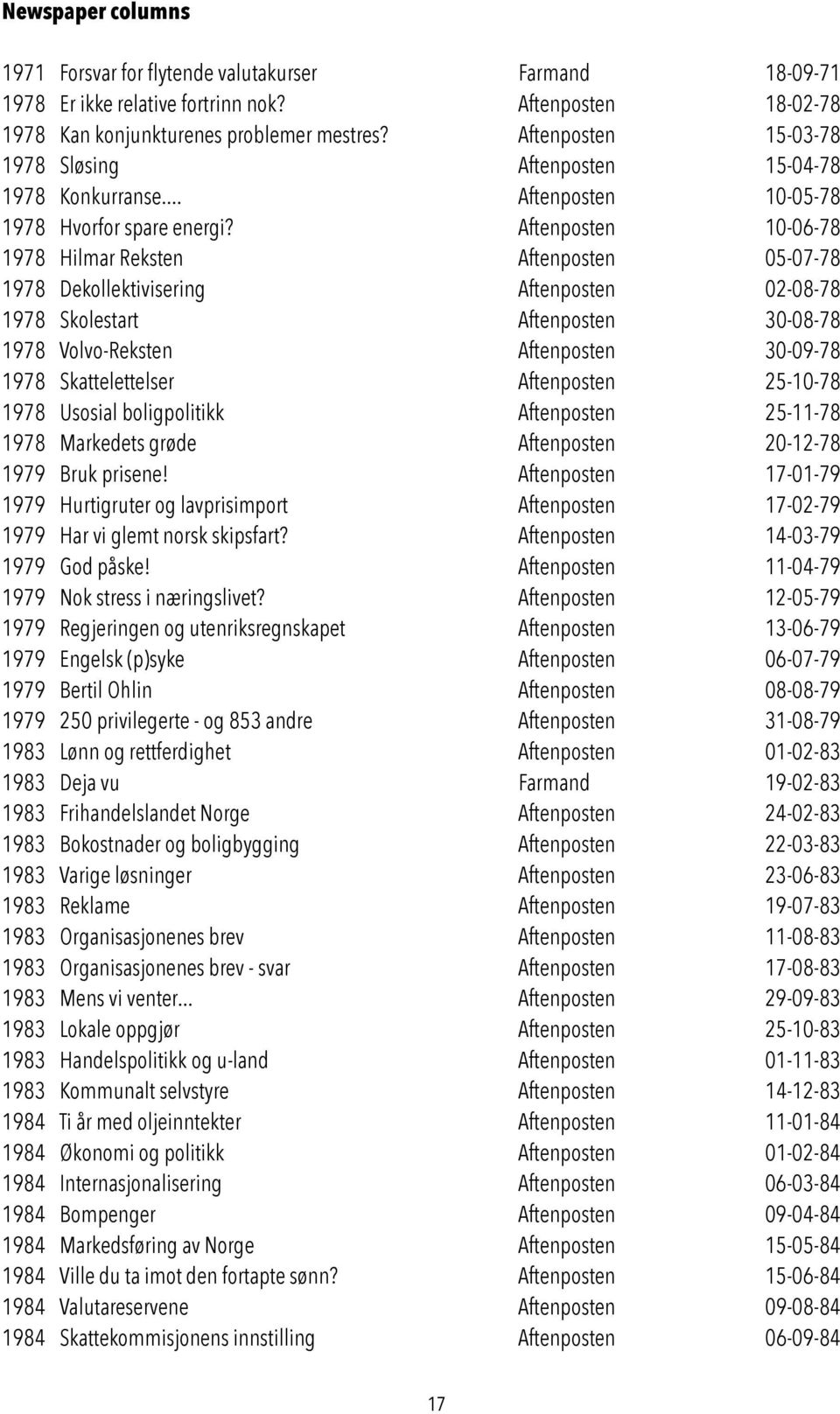 Aftenposten 10-06-78 1978 Hilmar Reksten Aftenposten 05-07-78 1978 Dekollektivisering Aftenposten 02-08-78 1978 Skolestart Aftenposten 30-08-78 1978 Volvo-Reksten Aftenposten 30-09-78 1978