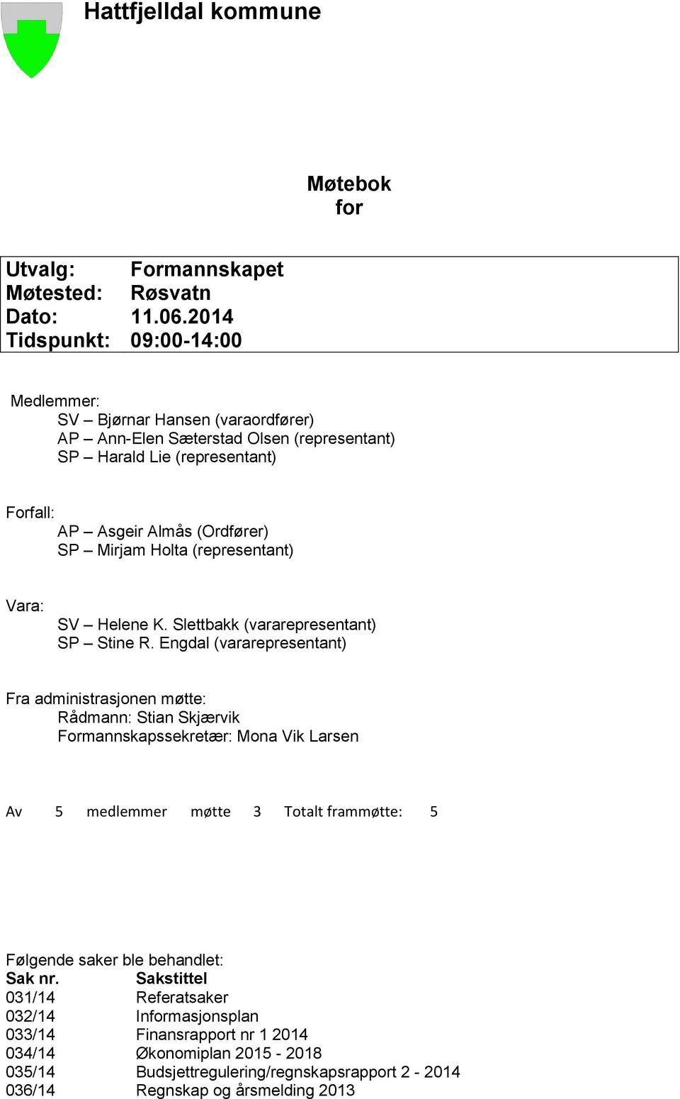 Mirjam Holta (representant) Vara: SV Helene K. Slettbakk (vararepresentant) SP Stine R.