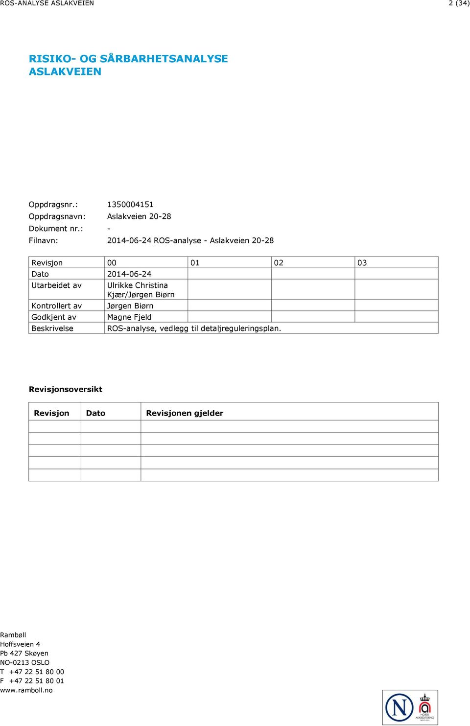 : - Filnavn: 2014-06-24 ROS-analyse - Aslakveien 20-28 Revisjon 00 01 02 03 Dato 2014-06-24 Utarbeidet av Kontrollert av Godkjent av