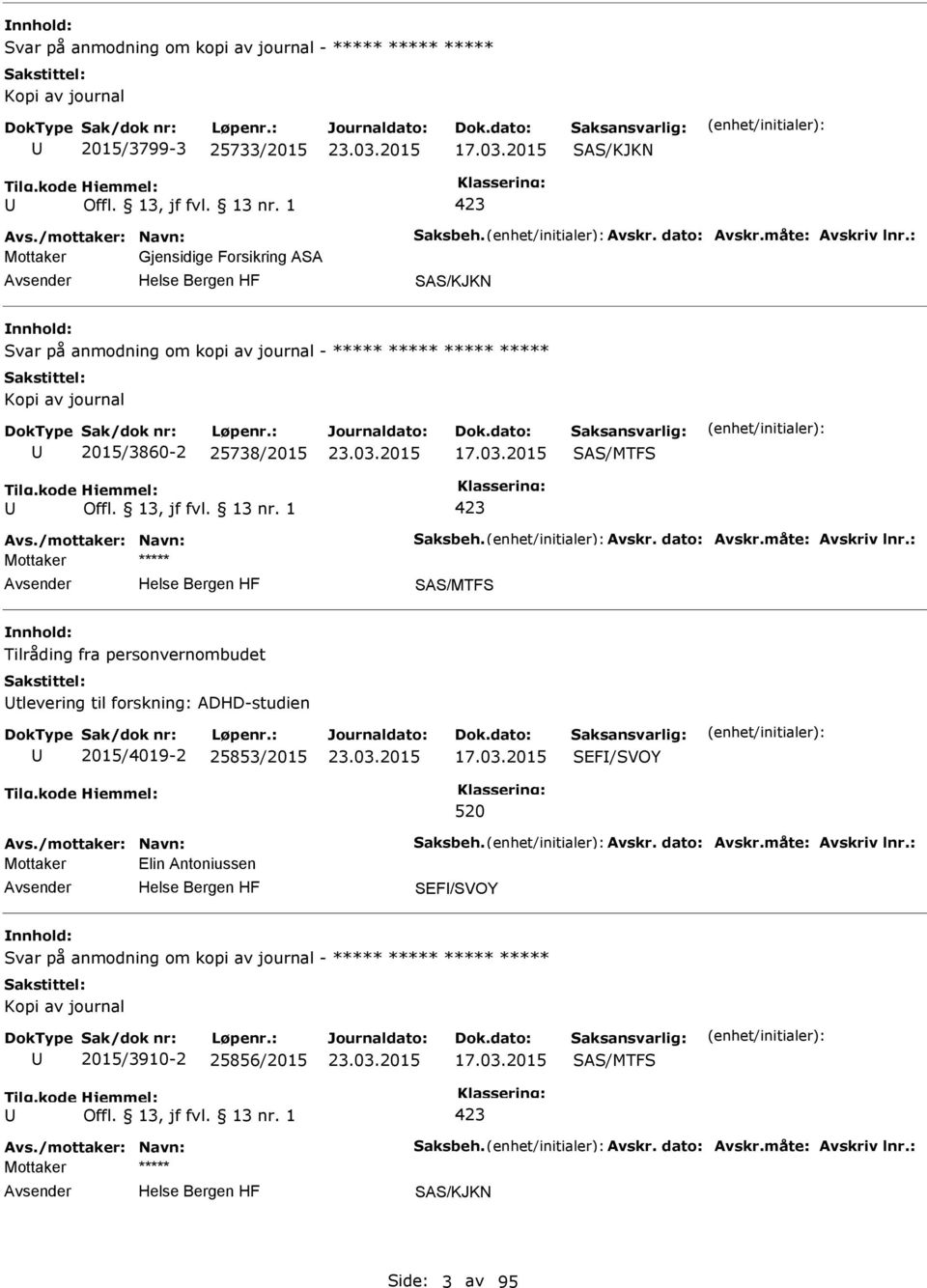 /mottaker: Navn: Saksbeh. Avskr. dato: Avskr.måte: Avskriv lnr.: SAS/MTFS Tilråding fra personvernombudet tlevering til forskning: ADHD-studien 2015/4019-2 25853/2015 17.03.2015 SEF/SVOY 520 Avs.