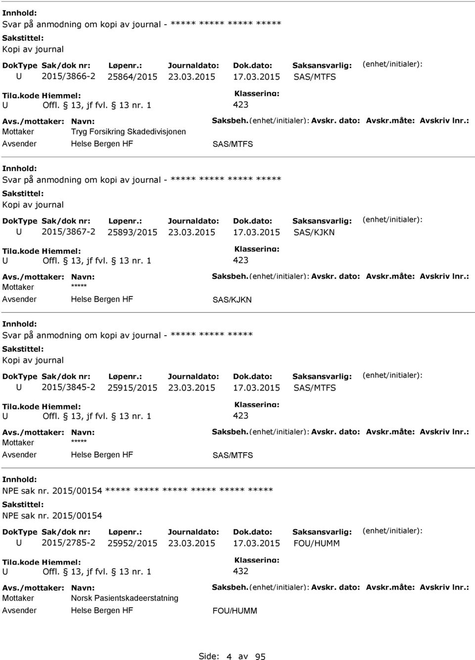 /mottaker: Navn: Saksbeh. Avskr. dato: Avskr.måte: Avskriv lnr.: SAS/KJKN Svar på anmodning om kopi av journal - ***** ***** ***** Kopi av journal 2015/3845-2 25915/2015 17.03.2015 SAS/MTFS 423 Avs.