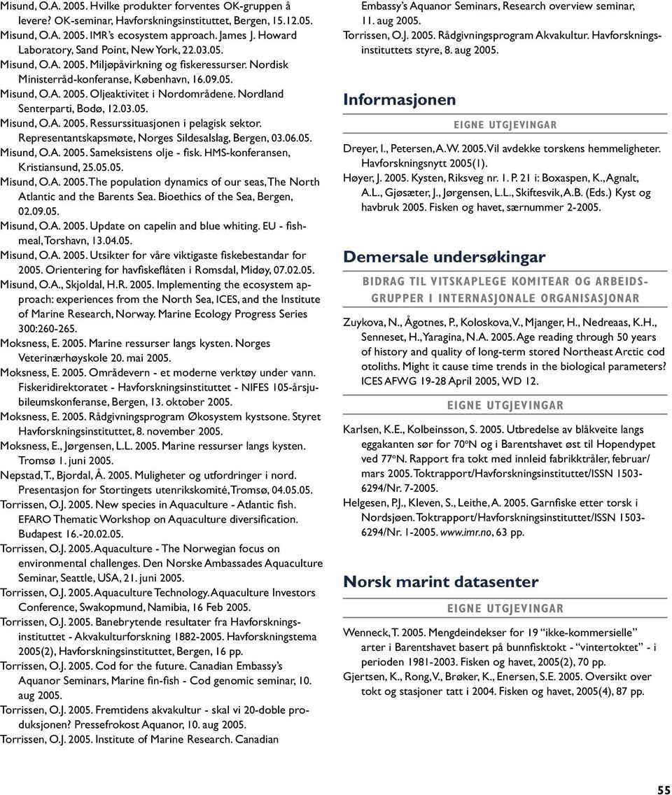 Nordland Senterparti, Bodø, 12.03.05. Misund, O.A. Ressurssituasjonen i pelagisk sektor. Representantskapsmøte, Norges Sildesalslag, Bergen, 03.06.05. Misund, O.A. Sameksistens olje - fisk.