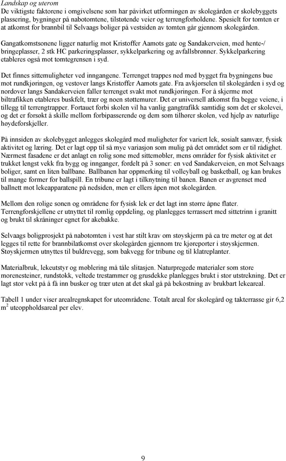 Gangatkomstsonene ligger naturlig mot Kristoffer Aamots gate og Sandakerveien, med hente-/ bringeplasser, 2 stk HC parkeringsplasser, sykkelparkering og avfallsbrønner.