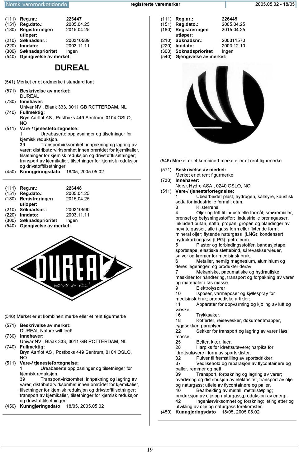 10 DUREAL Univar NV, Blaak 333, 3011 GB ROTTERDAM, NL Bryn Aarflot AS, Postboks 449 Sentrum, 0104 OSLO, 1 Ureabaserte oppløsninger og tilsetninger for kjemisk reduksjon.