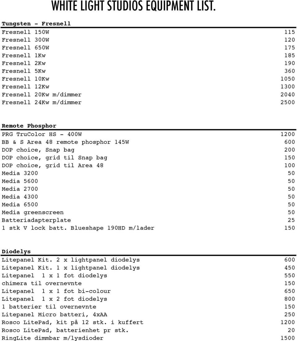 Media 3200 50 Media 5600 50 Media 2700 50 Media 4300 50 Media 6500 50 Media greenscreen 50 Batteriadapterplate 25 1 stk V lock batt. Blueshape 190HD m/lader 150 Diodelys Litepanel Kit.