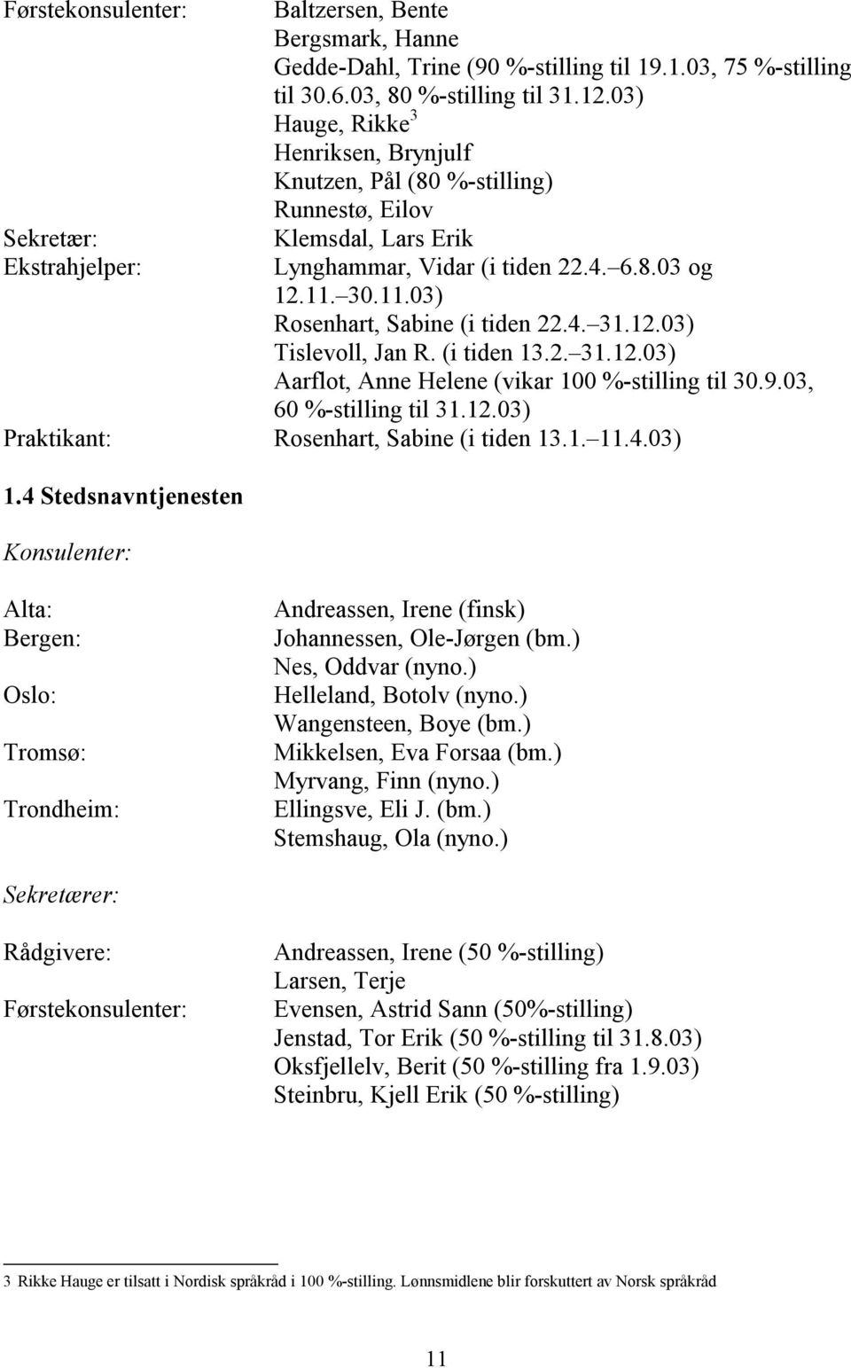 12.03) Tislevoll, Jan R. (i tiden 13.2. 31.12.03) Aarflot, Anne Helene (vikar 100 %-stilling til 30.9.03, 60 %-stilling til 31.12.03) Praktikant: Rosenhart, Sabine (i tiden 13.1. 11.4.03) 1.