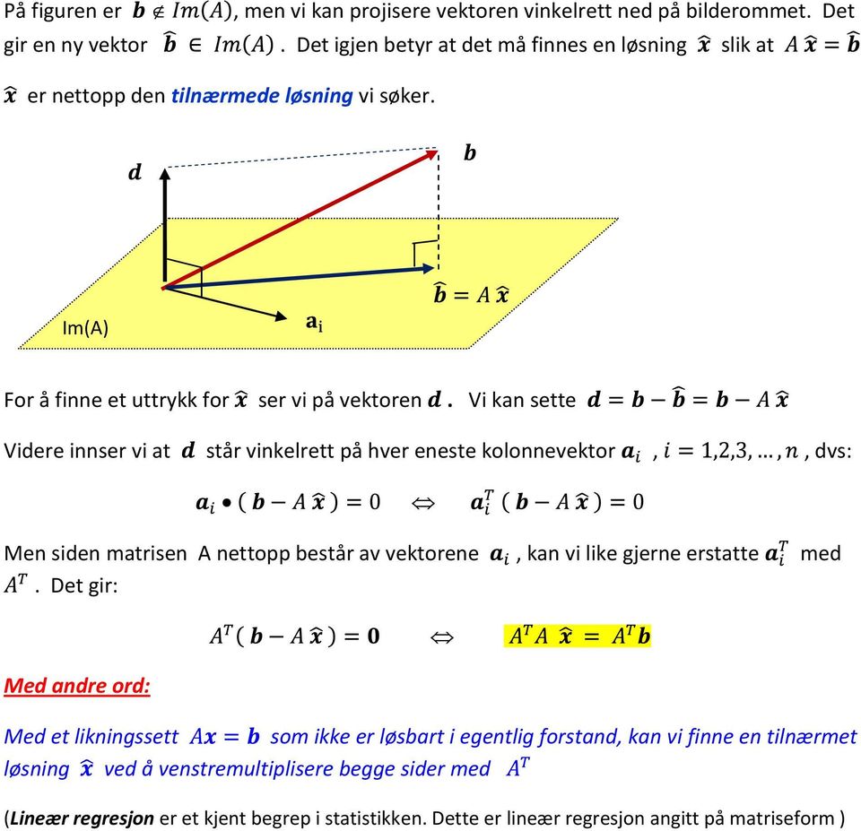 Vi kan sette Videre innser vi at står vinkelrett på hver eneste kolonnevektor,, dvs: Men siden matrisen A nettopp består av vektorene, kan vi like gjerne erstatte med.