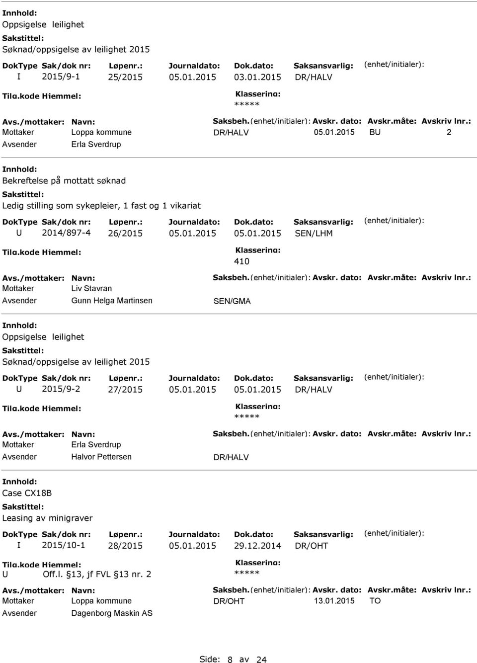 : Liv Stavran Gunn Helga Martinsen SEN/GMA Oppsigelse leilighet Søknad/oppsigelse av leilighet 2015 2015/9-2 27/2015 DR/HALV Avs./mottaker: Navn: Saksbeh. Avskr. dato: Avskr.måte: Avskriv lnr.