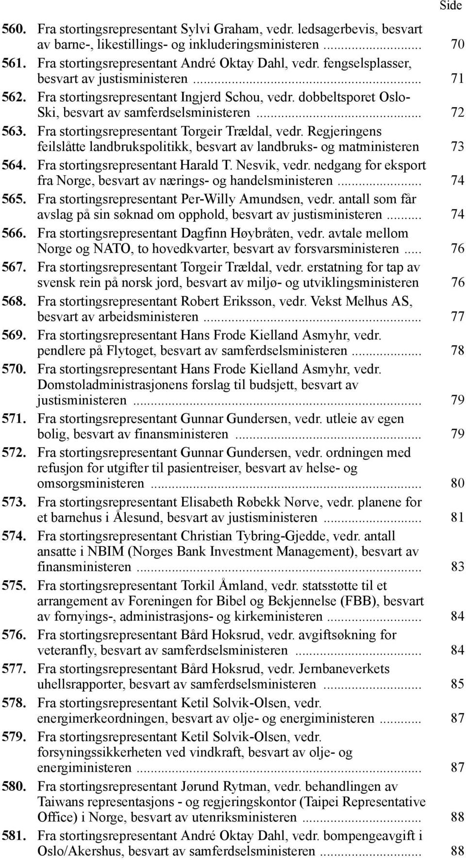 Fra stortingsrepresentant Torgeir Trældal, vedr. Regjeringens feilslåtte landbrukspolitikk, besvart av landbruks- og matministeren 73 564. Fra stortingsrepresentant Harald T. Nesvik, vedr.