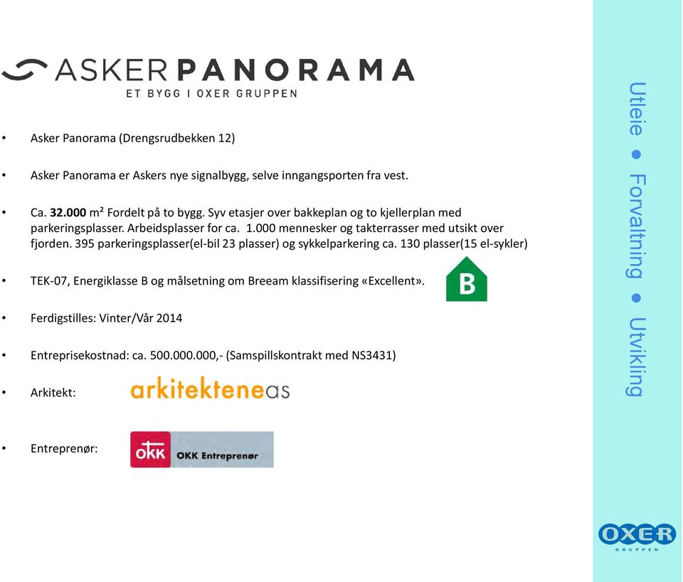 395 parkeringsplasser(el-bil 23 plasser) og sykkelparkering ca.