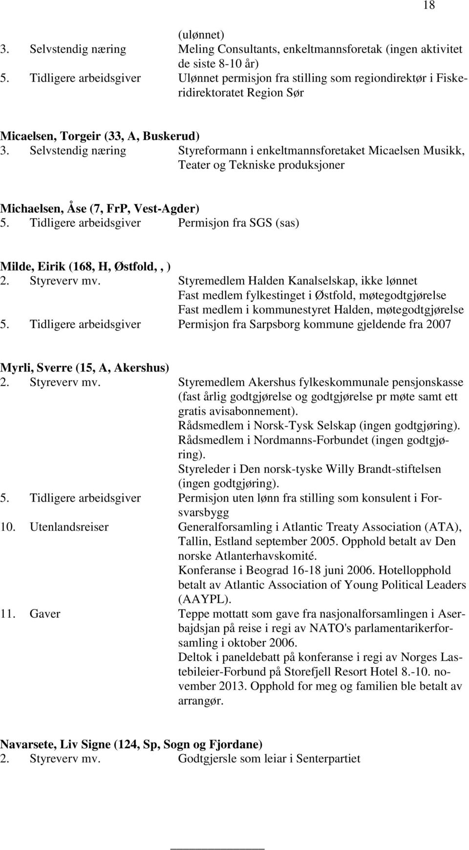 Selvstendig næring Styreformann i enkeltmannsforetaket Micaelsen Musikk, Teater og Tekniske produksjoner Michaelsen, Åse (7, FrP, Vest-Agder) 5.