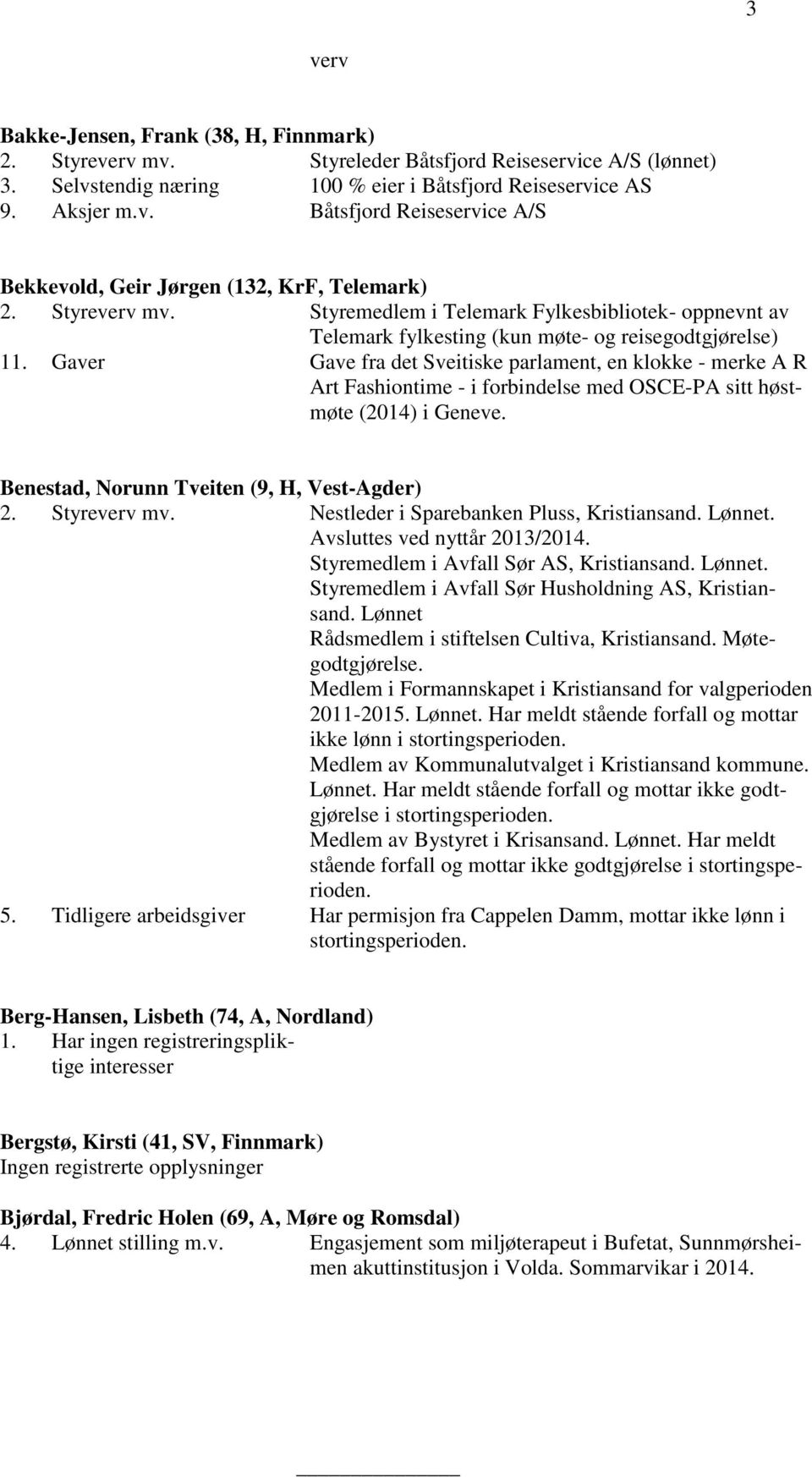 Gaver Gave fra det Sveitiske parlament, en klokke - merke A R Art Fashiontime - i forbindelse med OSCE-PA sitt høstmøte (2014) i Geneve. Benestad, Norunn Tveiten (9, H, Vest-Agder) 2. Styreverv mv.