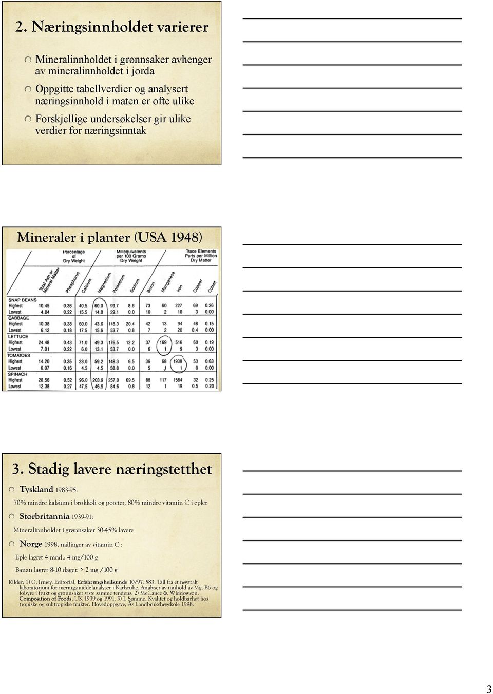 Stadig lavere næringstetthet Tyskland 1983-95: 70% mindre kalsium i brokkoli og poteter, 80% mindre vitamin C i epler Storbritannia 1939-91: Mineralinnholdet i grønnsaker 30-45% lavere Norge 1998,