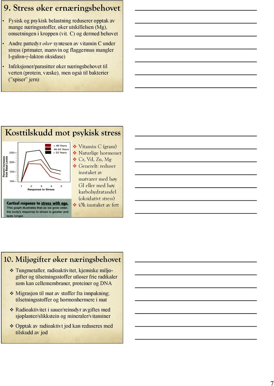 (protein, væske), men også til bakterier ( spiser jern) Kosttilskudd mot psykisk stress v Vitamin C (gram) v Naturlige hormoner v Cr, Vd, Zn, Mg v Generelt: reduser inntaket av matvarer med høy GI