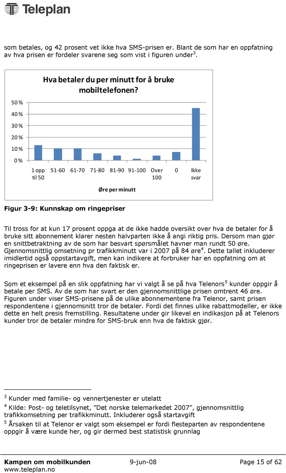 0 % 1 opp til 50 51-60 61-70 71-80 81-90 91-100 Over 100 Øre per minutt 0 Ikke svar Figur 3-9: Kunnskap om ringepriser Til tross for at kun 17 prosent oppga at de ikke hadde oversikt over hva de