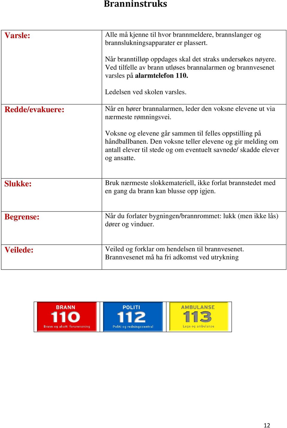 Redde/evakuere: Når en hører brannalarmen, leder den voksne elevene ut via nærmeste rømningsvei. Voksne og elevene går sammen til felles oppstilling på håndballbanen.